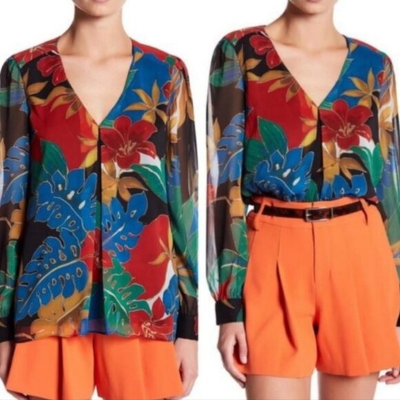 Alice + Olivia Deandra V-neck Jungke Hibiscus Blouse Black Red Green Size S/P - Picture 1 of 13